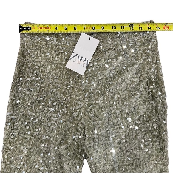 Zara Women's Flared Sequin Pants Mint High Waist-Sequin Hidden Zip Side Size M - Picture 9 of 11